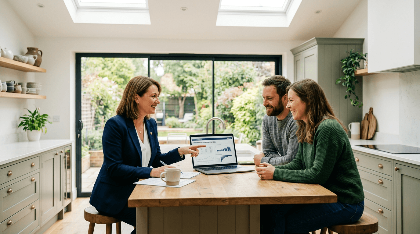 Estate agent presenting a sqft+ property report on a laptop to a couple in a bright kitchen