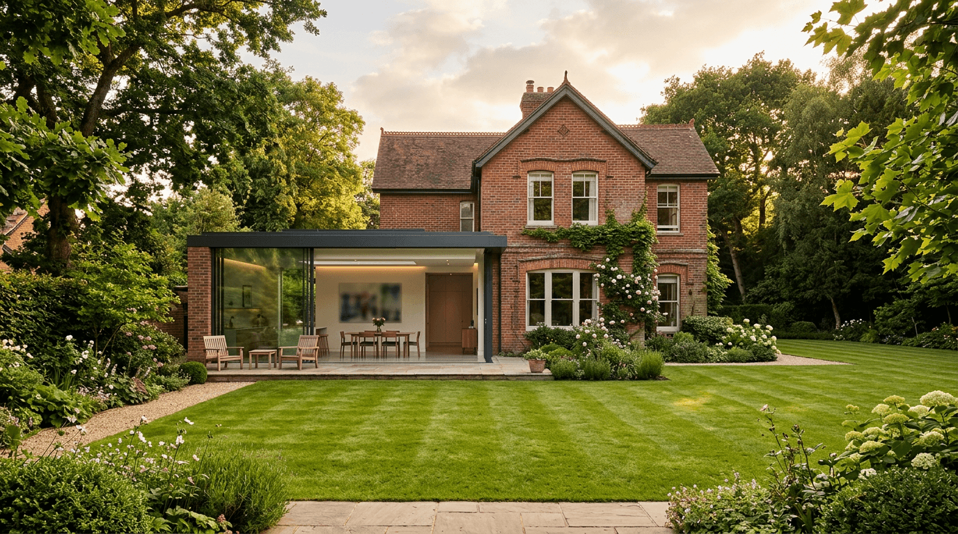Period brick house with a contemporary glass rear extension opening onto a lawn at golden hour
