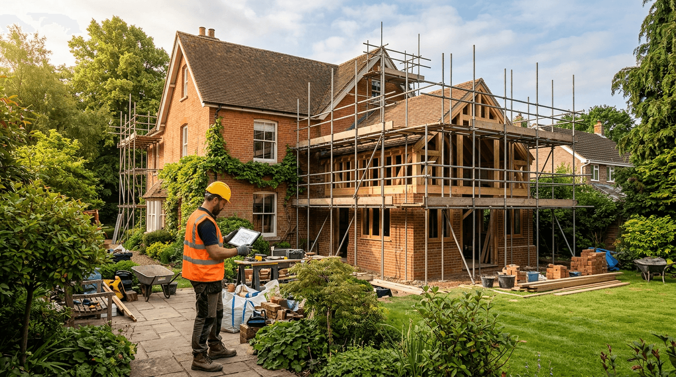 Builder reviewing plans on a tablet in front of a detached house with a scaffolded two-storey extension
