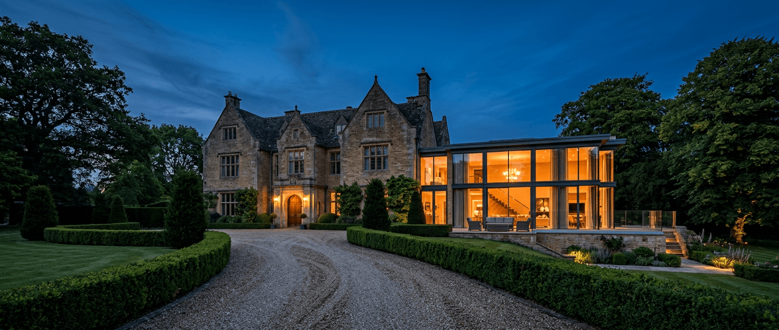 Stately stone house with a glowing modern glass wing at dusk