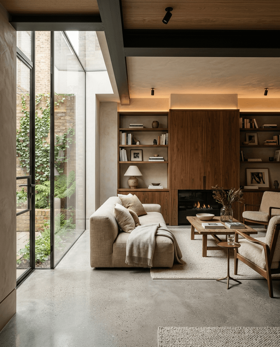 Luxury basement living room lit by a glass lightwell