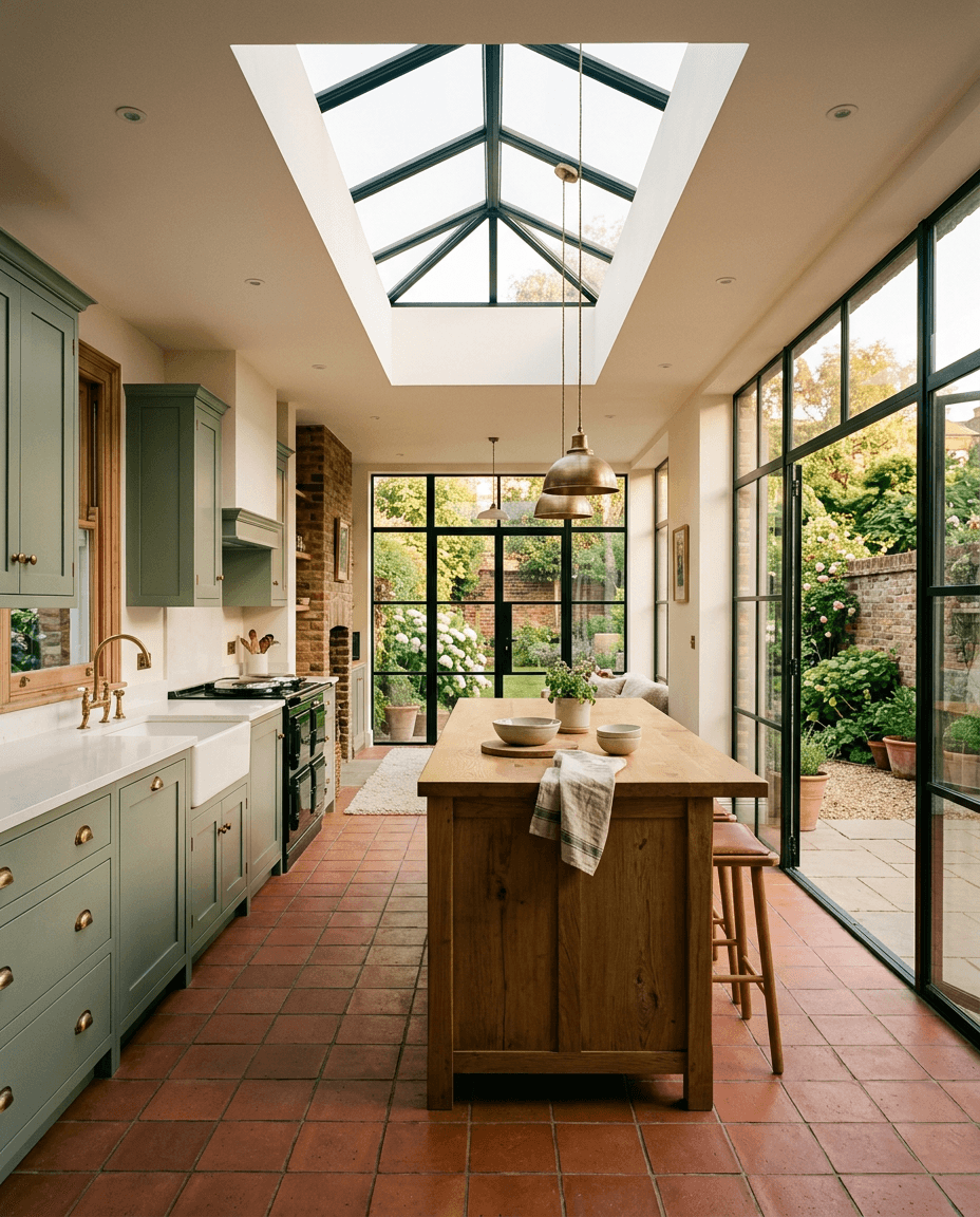 Open-plan kitchen extension with a roof lantern and steel-framed glass doors to the garden