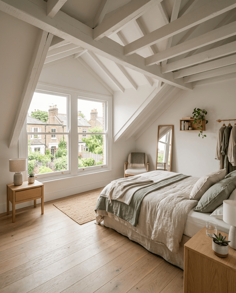 Bright converted loft bedroom with exposed beams and a dormer window